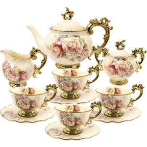 fanquare 15 Pieces British Porcelain Tea Set, Floral Vintage China Coffee Set, Wedding Tea Service for Adult, Big Tea Cup