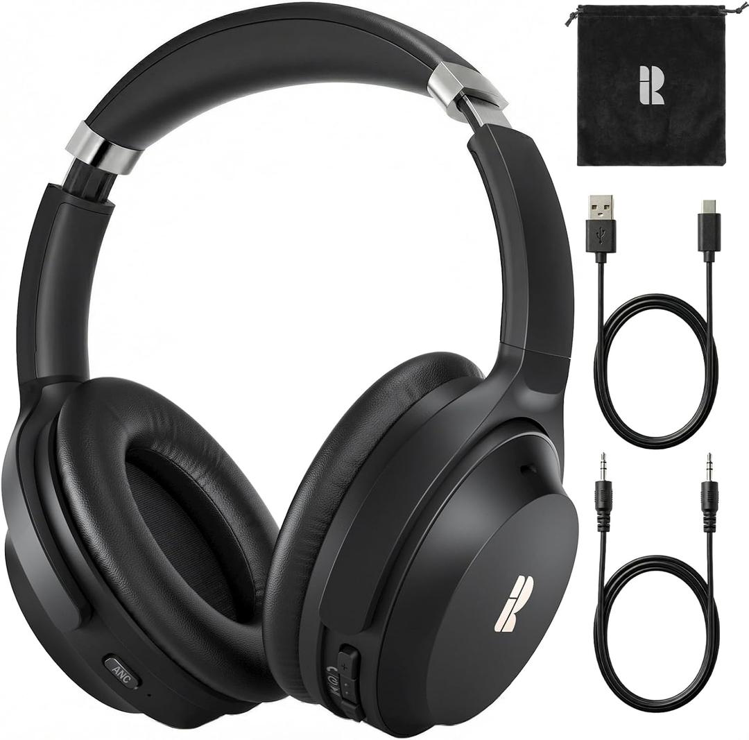 Active Noise Cancelling Headphones, Wireless Over-Ear Bluetooth Headphones ANC, Hi-Res Audio, 60H Playtime, Deep Bass, 3.5MM Cable, Memory Foam Ear Cups for Work/Travel/Home/Office