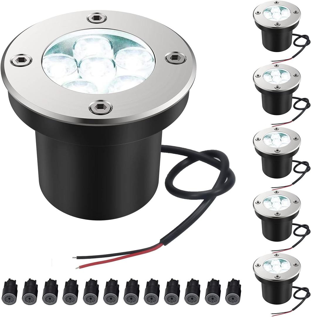 JESLED Landscape Lighting 6W LED Well Lights, 12V 24V Ground Lights 6000K Bright White, IP67 Waterproof Low Voltage Landscape Light Spotlight for Driveway Deck Patio Yard Garden Outdoor (6 Pack)