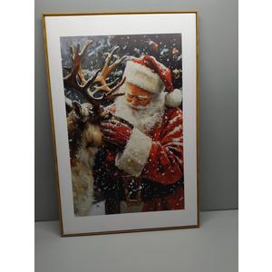 (Set of 3) Santa Claus And Reindeer Art, Rustic Winter Scene for Christmas Canvas Wall Art Print Poster For Home School Office Decor (Wood Frame) 35in. x 24in.