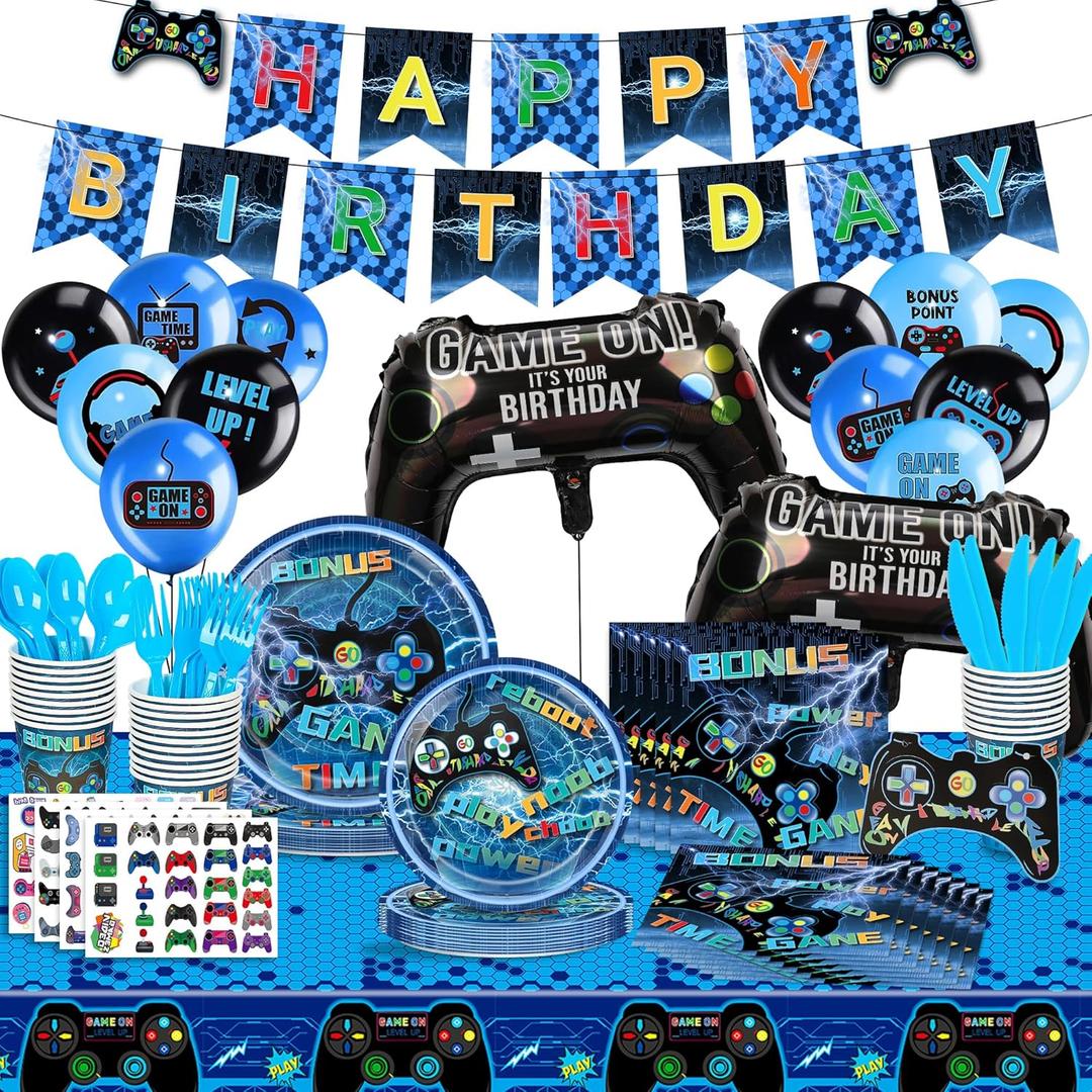 139 PCS Video Game Decoration - Gaming Supplies, Includes 1 Happy Birthday Banner, 1 Tablecloth, 40 Plates, 20 Napkins, 14 Balloons for Kids Gamer Party Favor Gift, Blue  139 PCS Video Game Decoration - Gaming Supplies, Includes 1 Happy Birthday Banner, 1 Tablecloth, 40 Plates, 20 Napkins, 14 Balloons for Kids Gamer Party Favor Gift, Blue