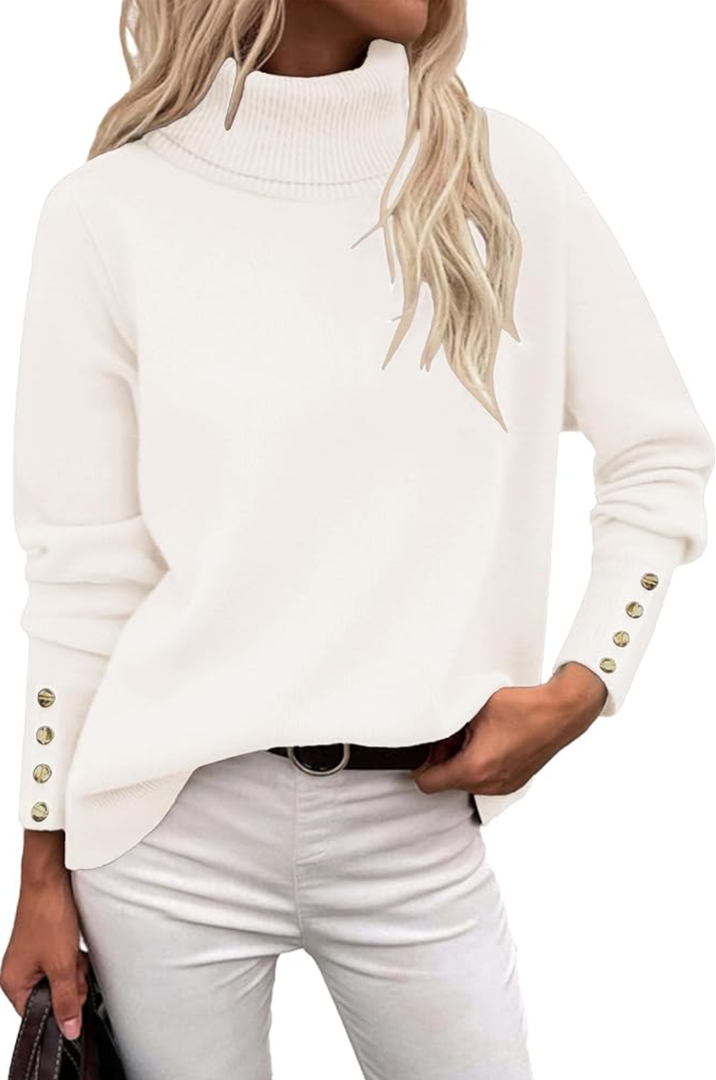 Rapbin Turtleneck Sweaters for Women 2026 Fall Winter Long Sleeve Knit Pullover High Low Hem Sweater with Metal Buttons XL