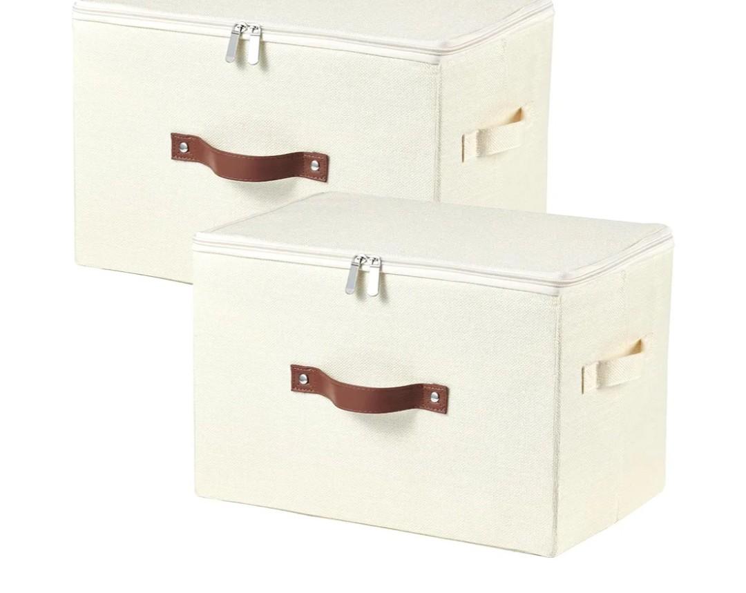 2 Pack Storage Bins with Zipper Lid Cotton Linen Fabric Lidded Storage Baskets Boxes Foldable Washable Closet Shelf Clothes Organizer Container with PU Leather Handles (Beige, Large Size)