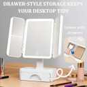 Tri Fold Lighted Makeup Mirror with Storage & 3X Magnification, Small Vanity Mirror, 3-Color Dimmable LED Vanity Mirror, Touch Control Vanity Mirrors, Travel Makeup Mirror for Women (White)