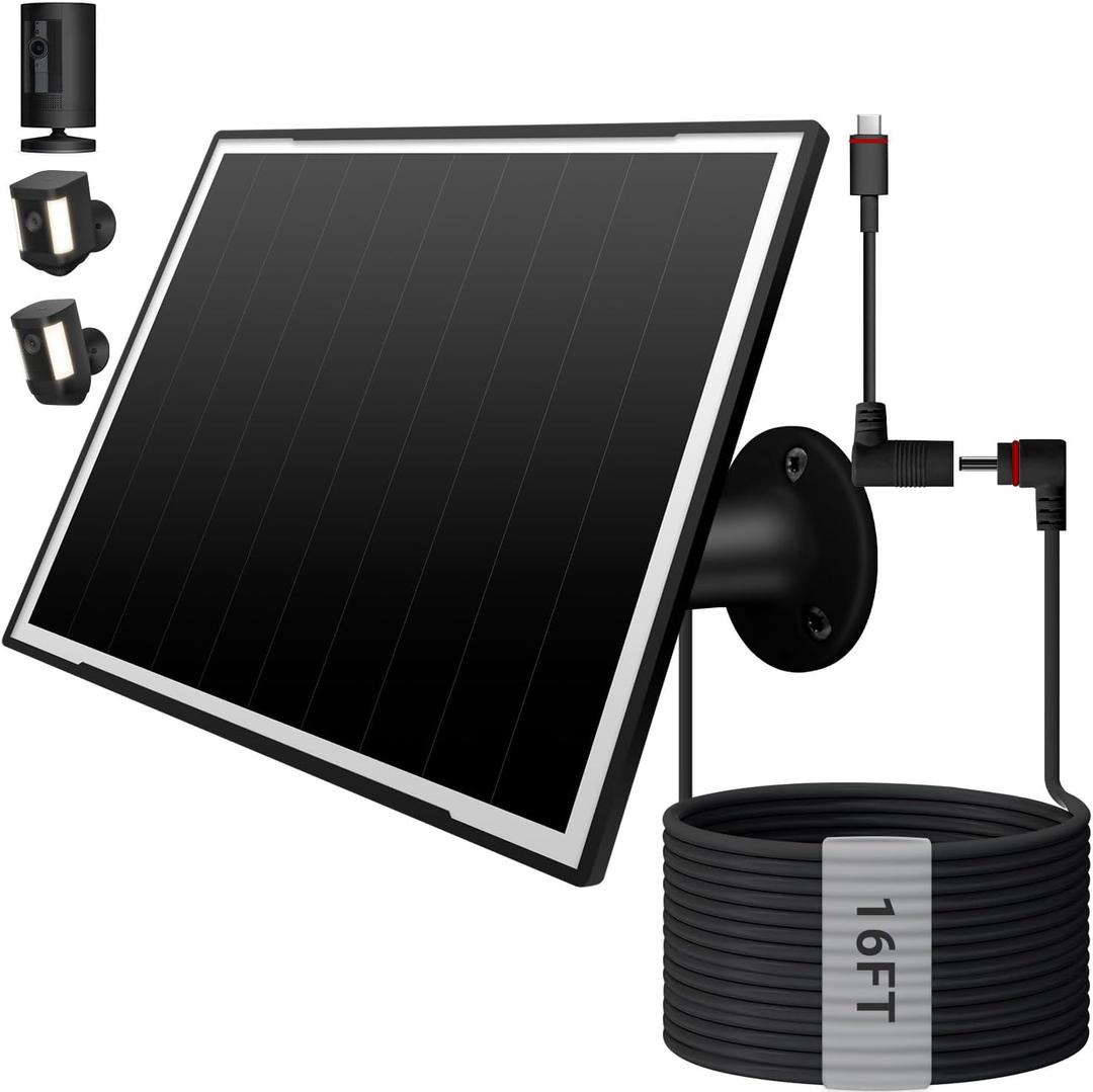 Solar Panel for Ring Camera/Wyze Cameras, 8W Solar Charger Compatible with Stick Up Cam Pro/Plus & Spotlight Cam (Battery) Plus/Pro - Waterproof, 16ft Long Cable, DC3.5mm & USB C Ports, Black