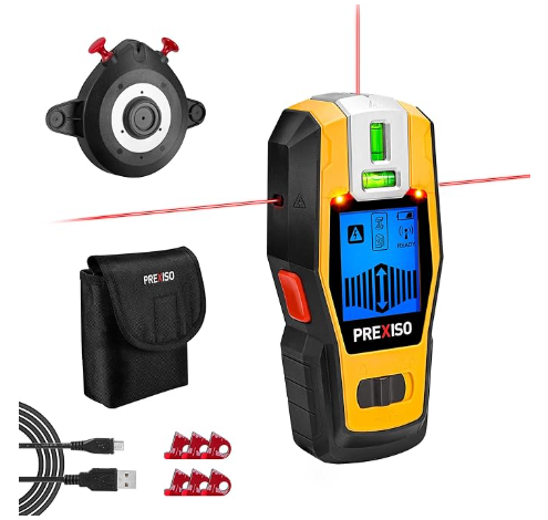 PREXISO 2in1 Stud Finder with Laser Level, Rechargeable Multi Surface Cross Line Laser & Wall Stud Scanners Tool for Hanging Frames & Picture, Wood Ac Wire Metal Studs Joist Pipe Detection