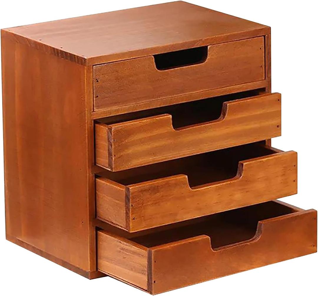 4 Drawer Desktop Storage Organizer in Modern Wood Design (9.8x6.9x 9.8) 4-Drawer Stackable Drawer Unit - Vanity Accessories Organizer (1-Pack)