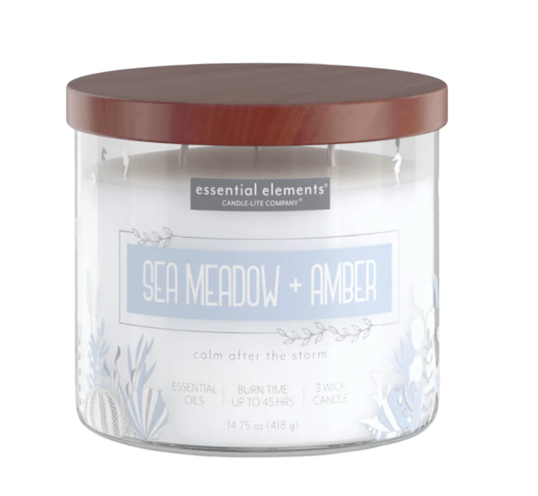 Candle-lite Essential Elements Scented Candles, Sea Meadow & Amber, 14.75 oz Jar, Proudly Poured in the USA, Aromatherapy, 3-Wick with 45 Hours of Burn Time, Perfect for Creating a Relaxing Ambiance