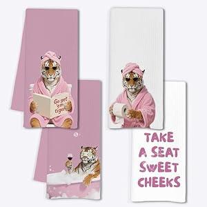 INDAJEDN Funny Tiger Bathroom Hand Towels, Pink Bathroom Decor, Trendy Coquette Tiger Decorative Hand Towels for Bath Room Washroom Spa, 16x24 Inch Set of 4