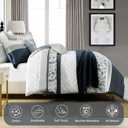 Finlonte Navy Comforter Set King Size - Cotton Boho Blue Striped Pleated Bedding Set, Floral Pattern Soft Duvet Insert, Skin Friendly Reversible Comforters with 2 Pillowshams, Navy Blue/White