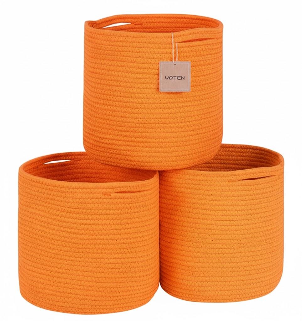 voten Storage Cubes Baskets Bins Organizer 11x11x11'' Fit 12x12''Cube Storage Organizer Bookcases Shelves,Durable Woven Cotton Storage Basket for Organizing,Round 3Pack orange