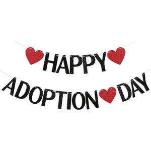 Happy Adoption Day Banner - Adop Celebration Party Decorations, Child Adopted, Pet Adoption Celebration Decorations Black Glitter