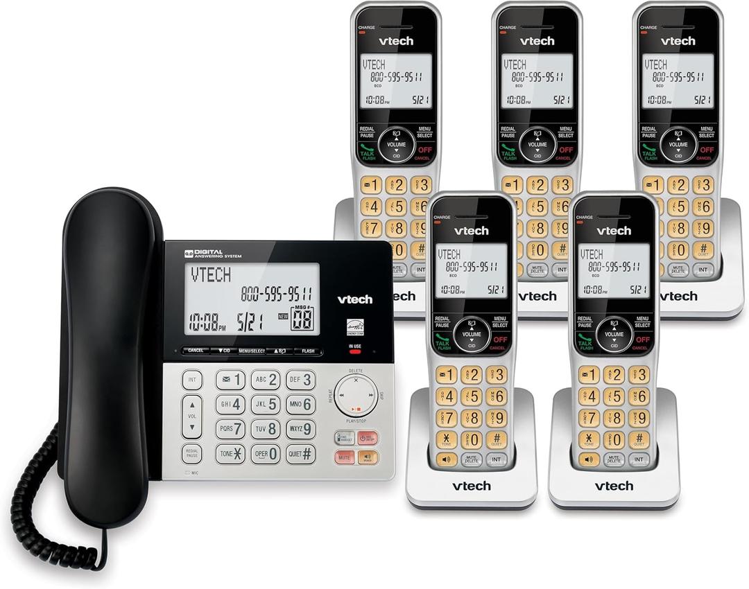 VTech VG208-5 DECT 6.0 5-Handset Corded/Cordless Phone for Home with Answering Machine, Call Blocking, Caller ID, Large Backlit Display, Duplex Speakerphone, Intercom, Line-Power Backup(Silver/Black)