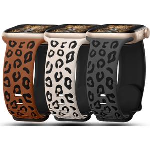 3 Pack Leopard Engraved Bands Compatible with Apple Watch Band 41mm 40mm 38mm 42mm 44mm 45mm 46mm 49mm Women, Soft Silicone Cheetah Embossed Sport Strap for iWatch Series 10 9 8 7 6 5 4 3 2 1 Ultra (DGrey & Black,Brow&Black,Starlight&Black)