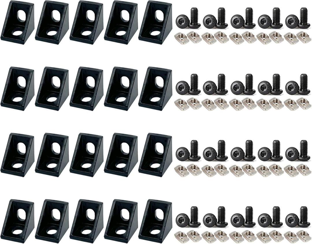 20 Sets 2020 Aluminum Extrusion T Slot Corner Bracket 20 Series Extruded Hardware 90 Degree Right Angle Connector with M5 Bolts Nuts for 20/20 80 20 2040 T V Slot Black Aluminum Profile