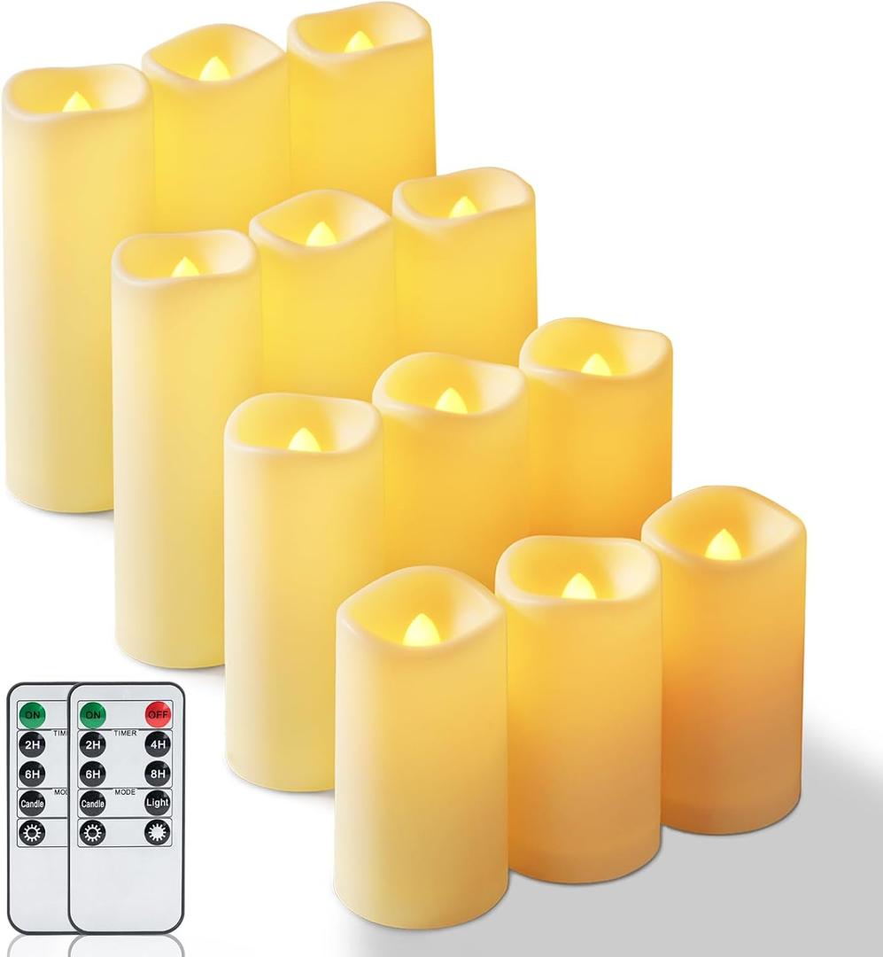 Homemory 12 Pcs Waterproof Flameless LED Candles with Remote & Timer, 4-Size Set (D2.2'' x H4''5''6''7''), Battery Operated Candles for Home Decor, Outdoor Parties & Events