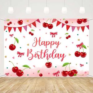 MEHOFON Cherry Birthday Backdrop, Coquette Bow Background with Bow Girl Decorations Red Sweet Cherries Decor for Girls Party Supplies Photo Booth Props 7x5ft