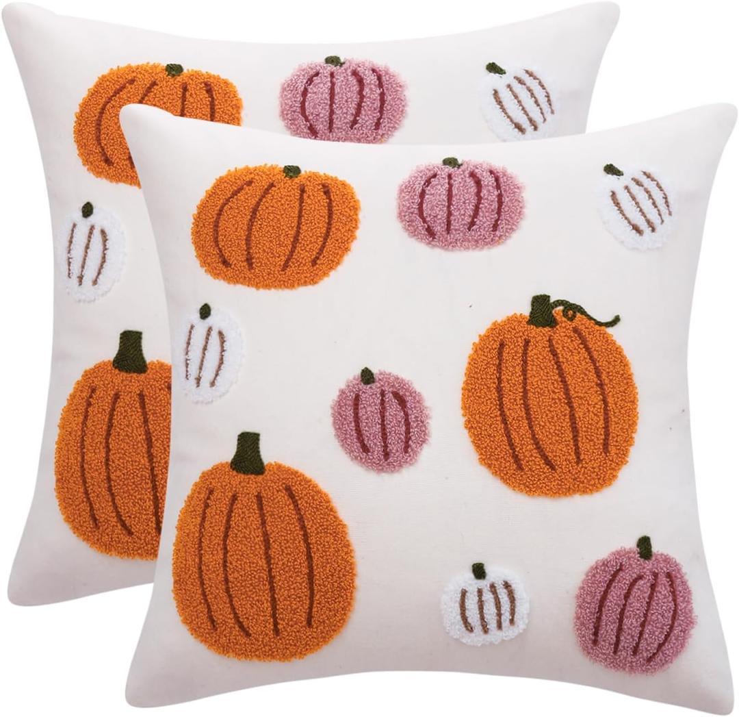 Tosleo Halloween Throw Pillow Covers 16x16 inch Set of 2 Halloween Pink and Orange Pumpkins Embroidered Pillow Cases Thanksgiving Home Party Pumpkin Fall Decor Pillowcases Cushion Covers