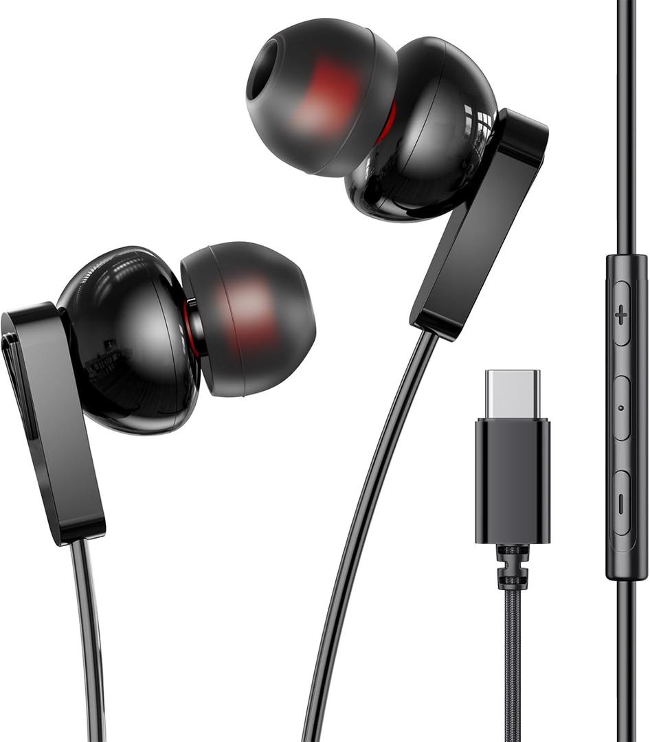 Hi-Fi Stereo USB C Headphones Wired for iPhone 17 16 15 pro max/Samsung Galaxy S25 S24 S23 Earbuds with Microphone Noise Canceling in-Ear Type C Earphones for iPadpro Gaming Recording Music
