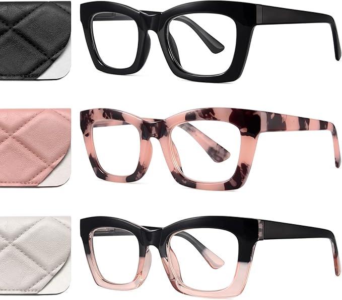 CCVOO 3 Pack Blue Light Blocking Glasses for Women, Computer/Gaming/Phone Glasses, Oprah Spring Hinge Fashion Square Glasses, 4.0