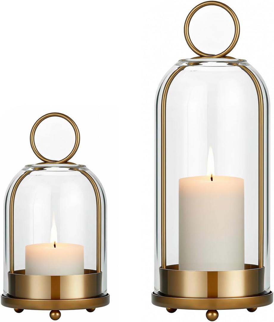 5"&4" Hurricane Glass Candle Holders, Hanging Brass Metal Candle Holder for Pillar Candles Table Coffee Table Decor Interior Decoration (Gold)