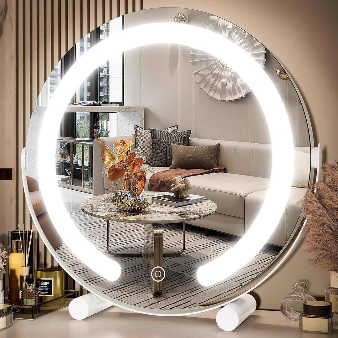FENNIO Vanity Mirror with Lights, 13 inch COB LED Lighted Makeup Mirror, Round Makeup Mirror with Lights with 3-Color Lighting, 360 Rotation, Dimmable for Tabletop, Bedroom (13"L x 13"W, White)