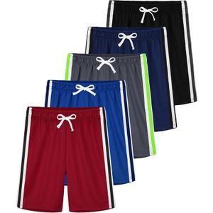 YERIOK 5 Pack Boys Athletic Shorts Boys Shorts Mesh Basketball Soccer Quick Dry Gym Clothes for Kids with Drawstring (6-7 Years, Black, Navy Blue, Medium Gray, Royal Blue, Red)