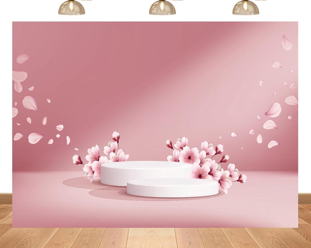 7x5ft Fabric Pink Cherry Blossom Podium Backdrop Romantic Flower Petal Fluttering Suitable for Bridal Shower Wedding Girls Birthday Party Mother's Day Photography Backgrounds