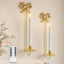 SiliFine 2 Set Gold Bow Sconces Wall Candle Holder with Battery Operated Flameless Candles and Remote Control 16.5 Inches Vintage French Metal Bow Sconces for Hallway Wedding Home Decor
