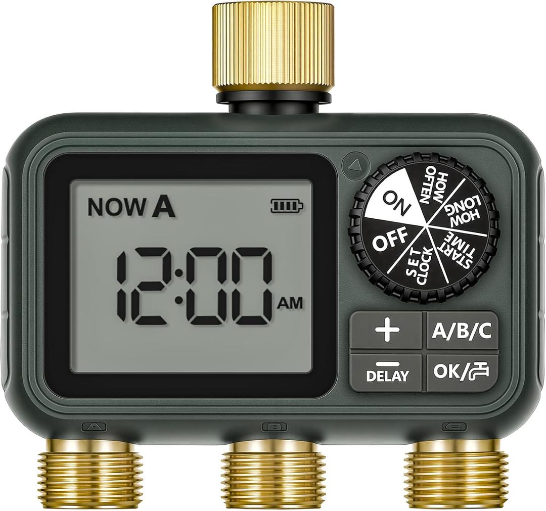 Brass Sprinkler Timer with Swivel, Programmable Water Timer for Garden Hose with Auto/Manual/Rain Delay Watering, Digital Irrigation System Kit,for Garden, Yard, Lawn 3 Outlet F13WT06
