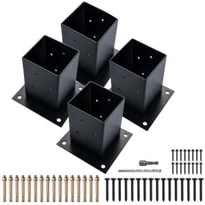 (4 PCS) LADECH 4x4 Wood Fence Post Anchor Base, 2mm Thick Steel and Black Powder Coated,Come with Wood Screws and Concrete Anchors (Black - 4 PCS)