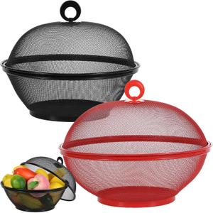Hicarer 2 Pcs Summer Mesh Fruit Basket with Lid Fruit Cover Protective Countertop Wire Bowl Metal Vegetable Strainer Kitchen Accessories for Kitchen Food Vegetable(Black, Red)