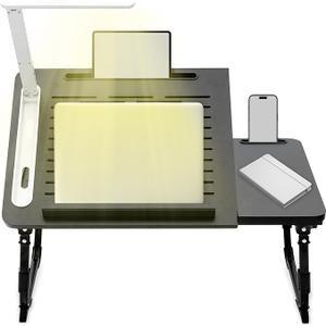 Extra Large Adjustable Foldable Laptop Desk for Bed with Ergonomic Multi-Purpose Portable Desk for Bed, Sofa, or Floor - Ventilated Surface, Sturdy Legs, Book Stand, Tablet Groove, (with Light)