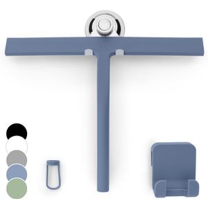GTEWERK Silicone Shower Squeegee for Glass Doors & Mirrors with Stainless Steel Core, Streak-Free & No-Squeak Window Cleaning, 3-in-1 No-Drill Mount (Hook/Suction/Adhesive),Blue, 11 Inches