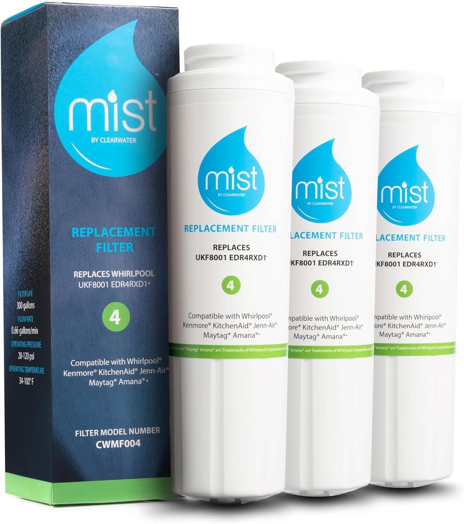Mist EDR4RXD1 Refrigerator Water Filter Replacement for EveryDrop Filter 4  Maytag UKF8001AXX-200, UKF8001AXX-750, Whirlpool UKF8001, WHR4RXD1, 4396395  3-Pack  NSF 42 & 372 Certified