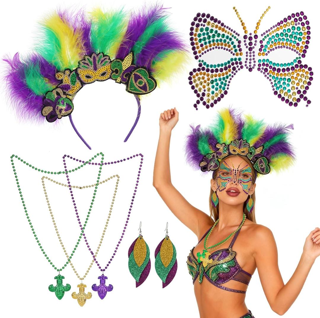 Halloween Carnival Mask Costume Accessory Set, Faux Feather Headpice Butterfly Diamond Face Stickers Headband Beads Necklace Earrings for Anniversary Carnival Festival Outfit Women