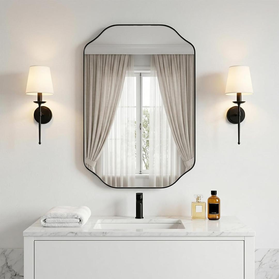 Black Bathroom Mirror, 24"x36" Wall Vanity Mirror Modern Asymmetrical Mirrors with Stainless Steel Metal Frame, Rounded Scalloped Mirrors Wall-Mounted((Horizontal/Vertical)