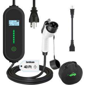 40Ft Cord EV Charger, 16Amp 110V/240V Portable Level 1 Level 2 Electric Vehicle Charging Station with NEMA 6-20 Plug & NEMA 5-15 Adapter for J1772 Electric Cars