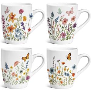 Potchen 4 Pcs Spring Wildflower Coffee Cups 12oz Floral Mugs Set Ceramic Cups with Handle Wildflower Butterfly Printed Drinkware for Tea Spring Summer Gift for Women Family Friends Coffee Lover