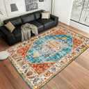 INGEROOM Washable Area Rugs for Living Room Vintage Large Area Rug 6x9 Boho Rug Non-Slip Carpet Machine Washable Area Rugs for Bedroom and Kitchen Made of Faux Wool Ruggable Rugs