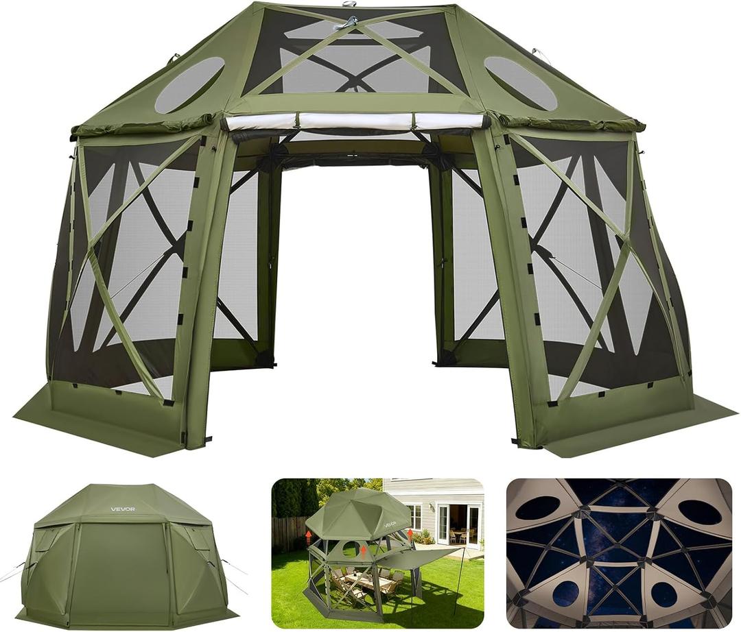 VEVOR Pop Up Gazebo Screen Tent, 13 x 13 ft Large High 13-Sided Camping Canopy Tent with Removable Top & Carry Bag, Quick Set & Bite-Proof Mesh Screen Sun Shelter for 10-12 Persons Backyard Patio