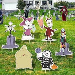 Halloween Decorations Outdoor Nightmare Yard Signs with Stakes 6pc Cute Jack and Sally Themed Trick or Treat Halloween Decor for Lawn, Yard, Garden, Party