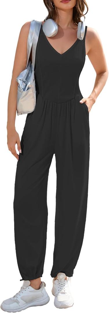 MAKABO Women's Summer One Piece Jumpsuits Casual Tank Top V Neck Wide Leg Pant Rompers Outfits with Pockets (Black, L)