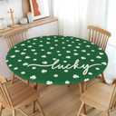 St. Patricks Day Tablecloth Round Fitted with Elastic Lucky Green Shamrock St. Paddys Themed Holiday Decor Washable Stretch Clover Table Cover Party Picnic Home Kitchen Decor for 40"-44" Table