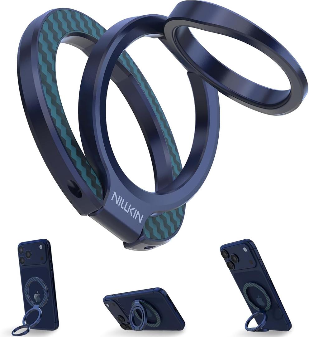 Nillkin Magsafe Phone Ring Holder Magnetic Grip Stand, Double Sided Magnets Kickstand, Upgraded Carbon Fiber Finger Holder, Accessories Compatible with iPhone 17 16 Pro Max Google Pixel 10 (Blue)