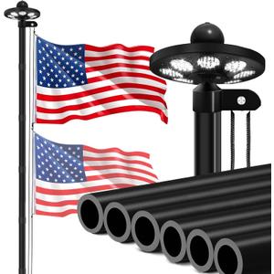 GHOSOONE Flag Pole for Outside House with Solar Light, 25FT 11 Gauge Yard Heavy Duty Flag Pole in Ground, 120MPH Wind-Tested