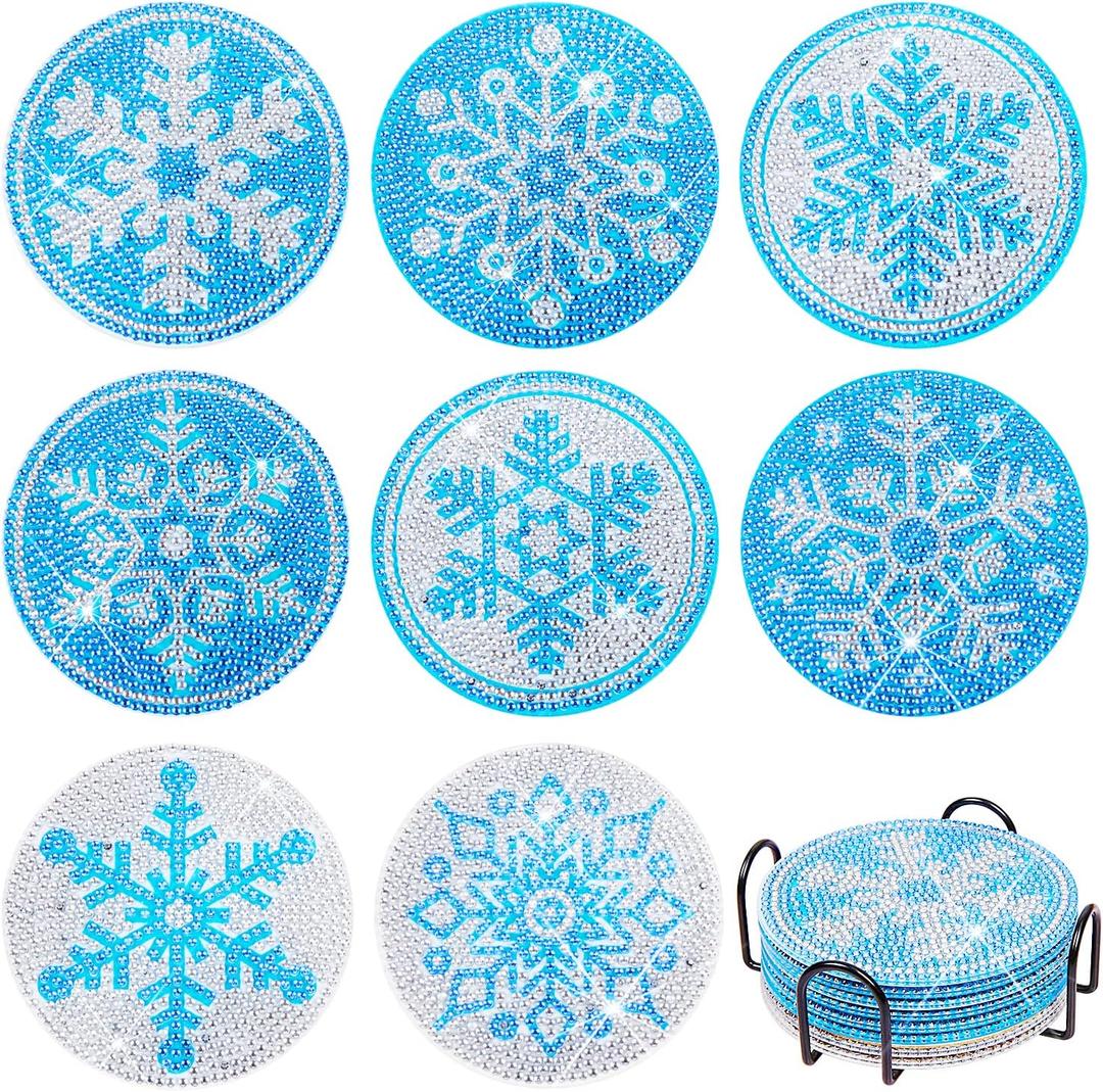 Fennoral 8 PCS Winter Snowflake Diamond Painting Coasters with Holder, Diamond Painting Kits for Adults, Diamond Art Coasters Diamond Painting Kits for Kids Beginners Craft Winter Gift