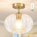 Gold Semi Flush Mount Ceiling Light Fixture Vintage Ceiling Light Fixture Farmhouse Globe Glass Mid Century Textured Glass Hallway Fixture for Bathroom Entryway (Bulb Incl.)