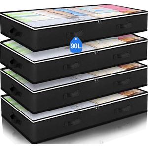 90L Under Bed Storage Containers, Closet Organizers and Storage Bins, Foldable Underbed Storage Bags for Blankets, Towels, Comforter, Sweaters, Linen Sheets, Wrapping Paper (Black, 4 Pack)