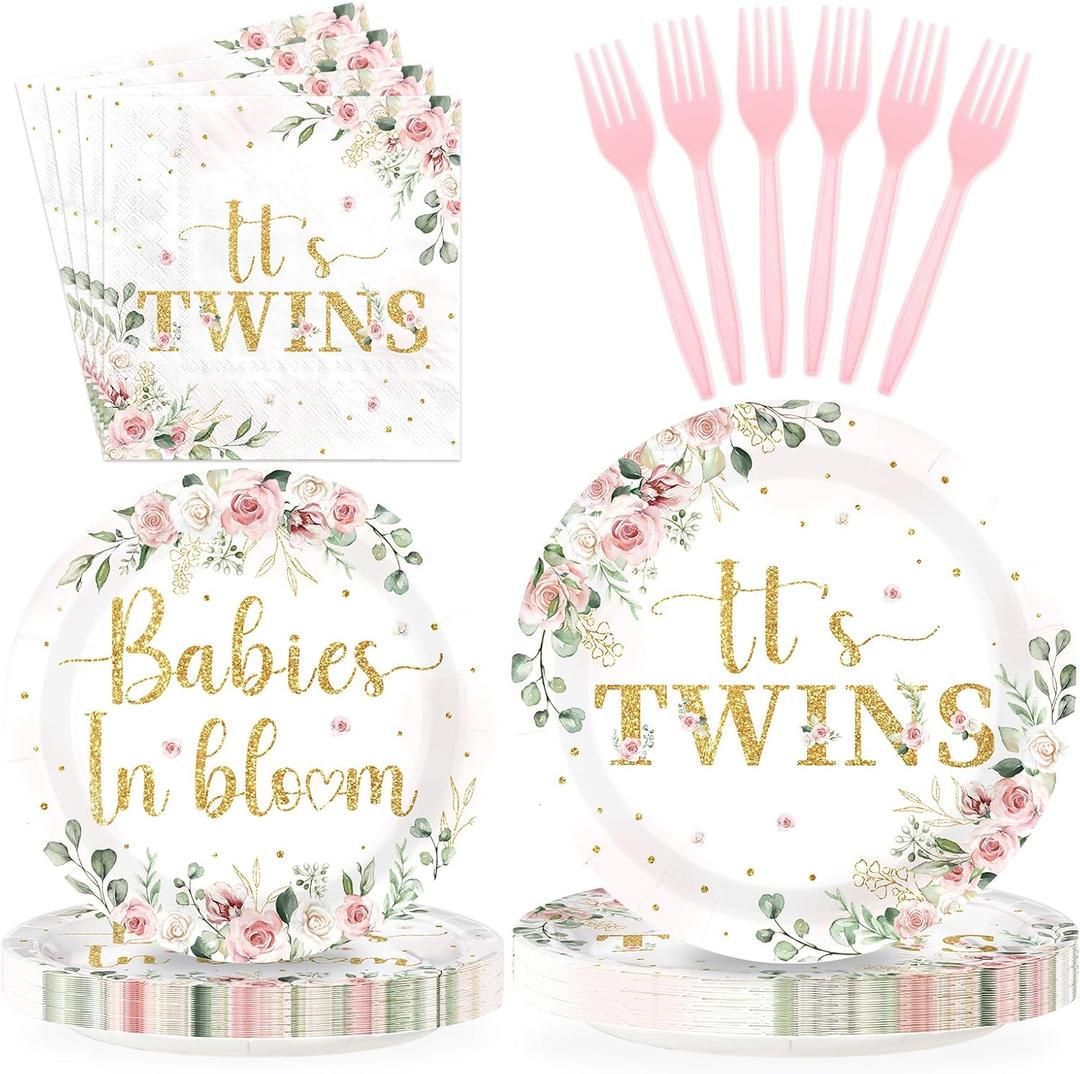 96Pcs Twins Baby Shower Party Decorations Wildflower Baby in Bloom Paper Plates and Napkins Pink Gold Floral It's Twins Disposable Tableware Set for Boys Girls Birthday Party Supplies, Serves 24